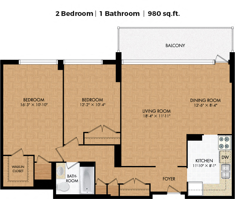 Floor plan for 2 beds, 1 bath, 1000 sqft